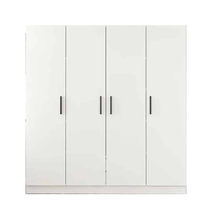 MDF wood wardrobe with a sleek white finish and four doors, featuring minimalist black handles