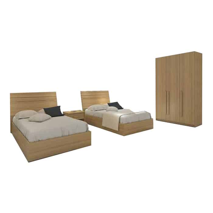 Image of a double bed bedroom, featuring coordinated furniture and a cozy, stylish atmosphere