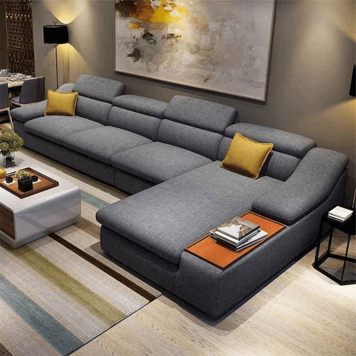 Wooden corner sofa with elegant design and plush cushions, perfect for adding comfort and style to your living room.