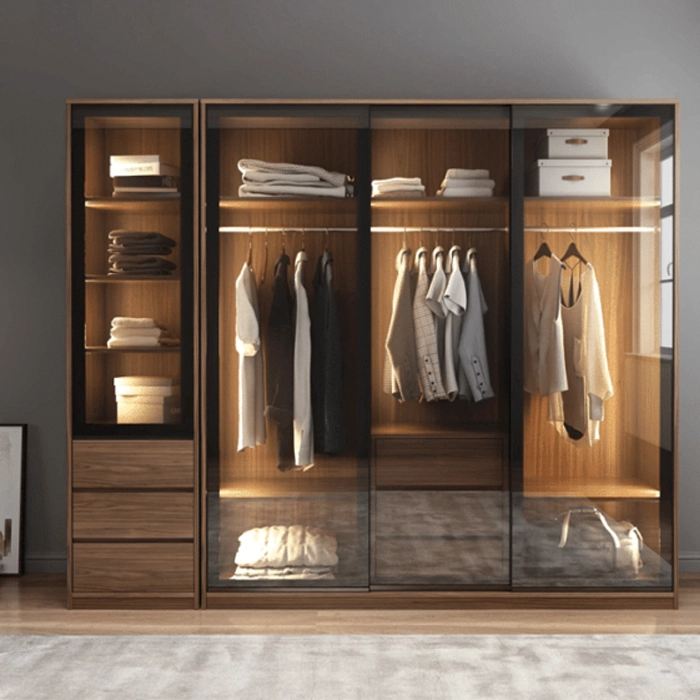 Modern Dressing Room with glass doors, featuring hanging areas, shelves, and drawers for organized storage