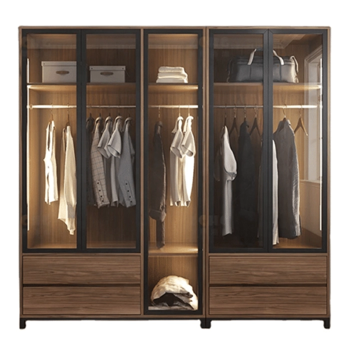 A modern Dressing Room with a sleek design, featuring glass doors, multiple hanging areas, and built-in drawers for organized storage