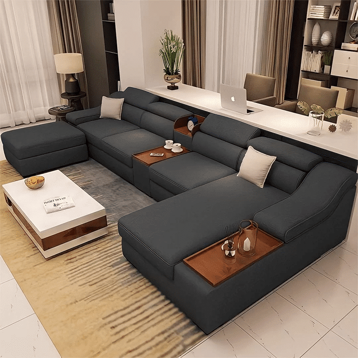 Linen Fabric L-Shape Sofa Dark Grey , 5 Pieces ,Fu1024