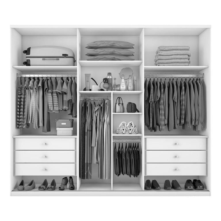 Image of a small dressing room with compact yet stylish storage solutions, featuring a sleek wardrobe and mirror