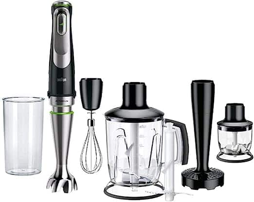 Braun Hand Blender with multiple attachments, including a whisk, chopper, and masher.