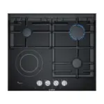 Built In Stove Bosch with a sleek black finish, featuring gas and electric burners and stainless steel control knobs