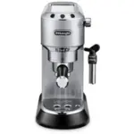 DeLonghi espresso machine with a sleek stainless steel finish and integrated steam wand for frothing milk