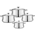 Zahran stainless steel stewpot set with tempered glass lids, available in multiple sizes, offering high durability and even heat distribution for versatile cooking.