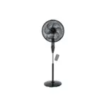 A sleek Tefal Stand Fan in black with a remote control, designed for powerful and quiet cooling in any room.