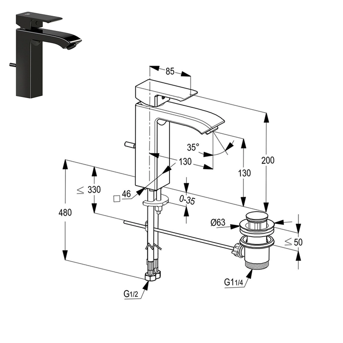 Kludi Rak Profile XL Basin Mixer Black Matt ,RAK14160.BK2