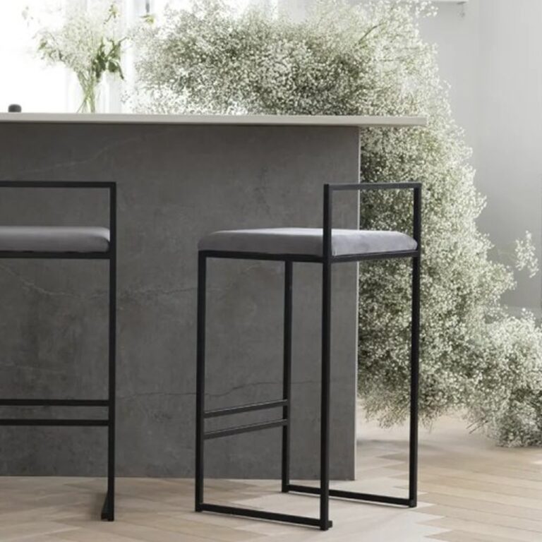 Steel and velvet bar stool - gray and black